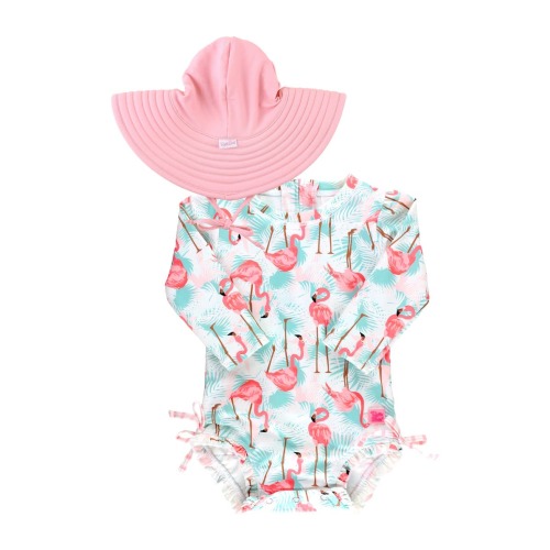 Vibrant Flamingo One-Piece Rashguard Swimsuit & Hat Set, 0-3M