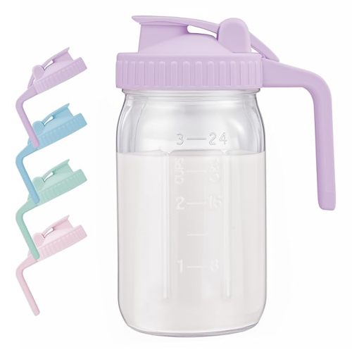 AoeJarry Breast Milk Pitcher with Leak Proof Flip Cap & Pour Spout, 32 oz Wide Mouth Mason Jars for Breast Milk Storage Container, Glass Picther with Lid for Cold Brew Coffee, Sun Tea, Juices, Purple