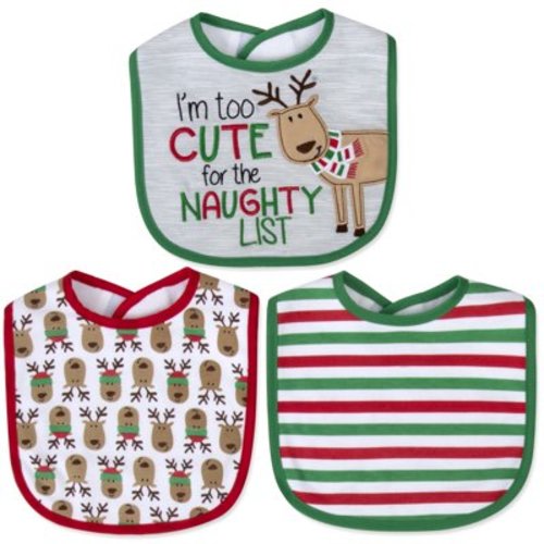 Baby Essentials 3 Pack Embroidered Reindeer and Striped Print Christmas Bib Set for Newborns and Infants for Christmas, Holiday, Celebrations, Family Gatherings, Feeding and Photos