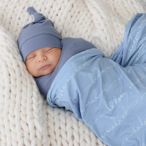 Personalized Powder Blue Baby Name Swaddle Blanket - Script