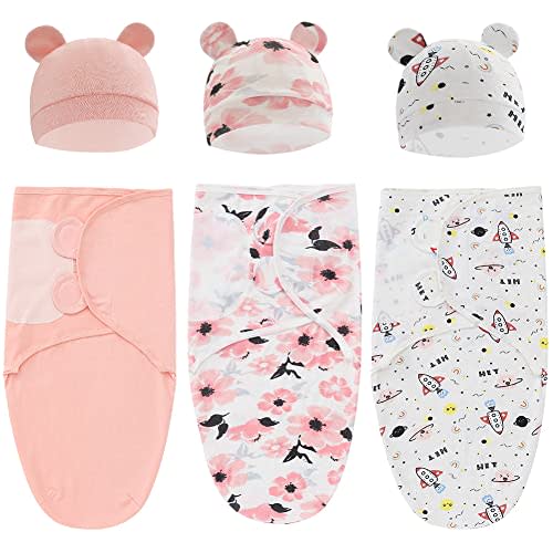 Exemaba Baby Swaddle Sleep Sack with Hat Set for 0-3 months 3-Pack Soft Cotton Newborn Wearable Swaddle Wrap for Girls Boys