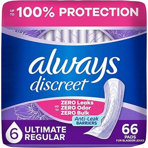 Always Discreet Adult Incontinence Pads for Women, Drier, 6 Drop Regular Length, Extra Heavy Absorbency, Pads for Bladder Control Management, Bladder Leaks, & Postpartum Pads, 66ct