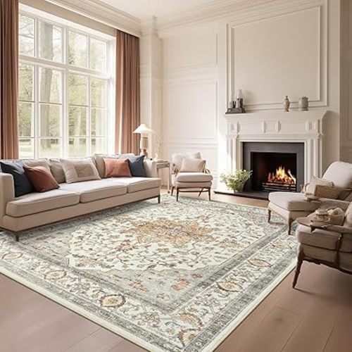 Area Rug 8x10 Vintage Washable Gray Low Pile Non-Slip Living Room Rugs for Bedroom Dining Room Indoor Floral Thin Grey
