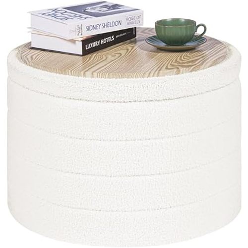 PINPLUS Round Ottoman with Stroage, Boucle Storage Ottoman, Foot Stool Ottoman with Tray, Foldable Coffee Table Ottoman for Living Room, Bedroom, Dorm (White)