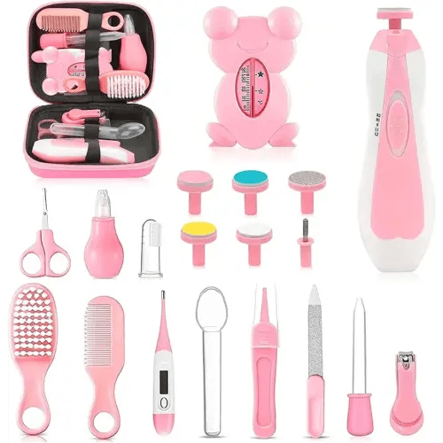 Baby Healthcare and Grooming Kit, 26 in 1 Portable Baby Safety Care Set with Hair Brush Comb Nasal Aspirator Electric Nail Trimmer Set Baby Essentials kit for Newborn Boys Girls (Pink)