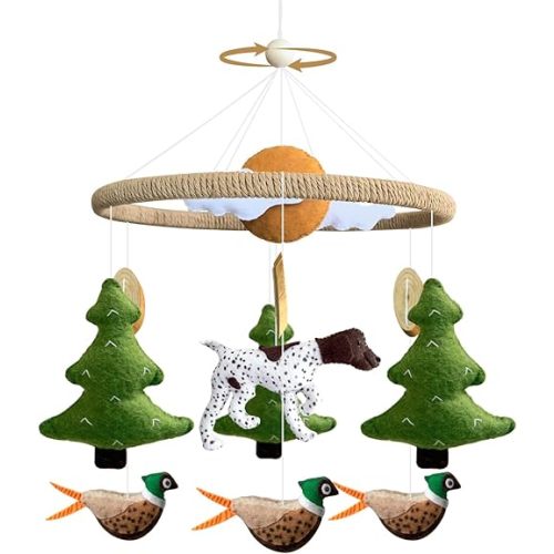 Baby Mobile for Crib Hunting Baby Crib Mobile for Boys Girls Handmade Felt Woodland Nursery Decor Infant Bedroom Hanging Pheasant Dog Hunting Decor for Bassinet Gender Reveal Newborn Gifts