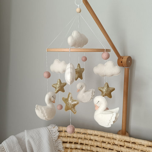 Swan baby mobile for nursery with golden stars, baby girl mobile, crib mobile for girl