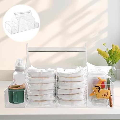 BALAPET Portable Acrylic Diaper Caddy, Large Capacity Detachable Diaper Organizer for Changing Table, Baby Caddy Storage with Handle for Nursery, Wipe Dispenser, Wipe Warmer