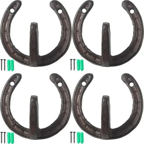 NSBELL 4PCS Cast Iron Horseshoe Shaped Wall Hooks - Vintage Coat Hat Horse Hanger - Farmhouse Decorative Hooks for Hanging Robe Towels Coats Bags