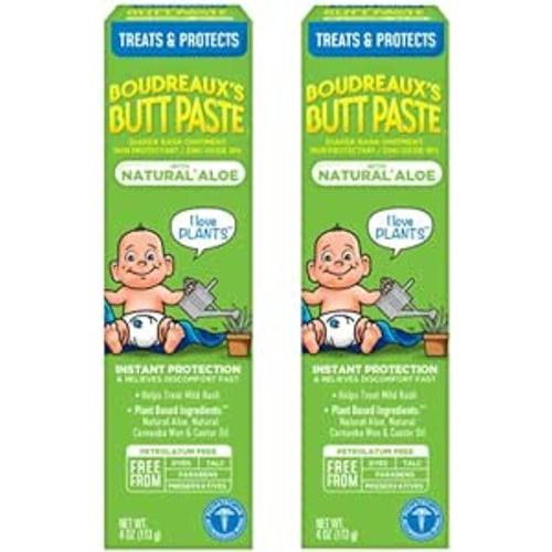 Boudreaux's Butt Paste with Natural* Aloe Diaper Rash Cream, Ointment for Baby, 4 oz Tube, 2 Pack
