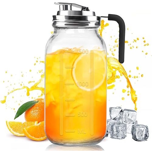 Glass Pitcher With Lid,304 Stainless Steel Lid,2 Seal Ring,64 oz(2 Quart/1.8 Liter),Mason Jar Cold Brew Water Iced Tea Brewing Breast Milk Pitcher,Sun Tea Glass Jar For Outside,Pitchers For Drinks