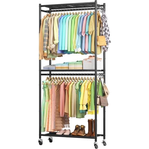Heavy-Duty Clothes Rack - 33.0" x 12.2" x 79.5" Clothing Rack with Shelves & Wheels, Multi-Functional Wardrobe Closet with Hooks, Sturdy Metal Garment Rack for Bedroom, Laundry, Balcony (Black)