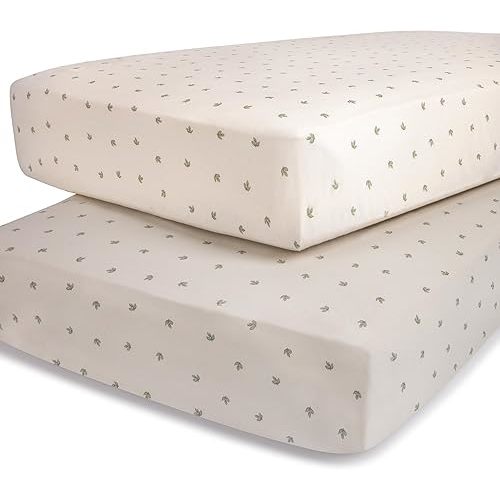 Ely's & Co. Crib Sheets Baby Girl/Boy Fitted Crib Mattress Sheet Set, 2 Pack, 100% Jersey Knit Cotton, Infant and Toddler Nursery Bedding, Neutral Taupe and Cream with Sage Vintage Print, 28” x 52”