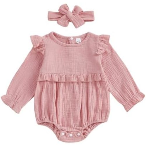 Newborn Infant Baby Girl Clothes Cotton Linen Long Sleeve Smocked Bubble Romper Ruffle Bodysuit Jumpsuit