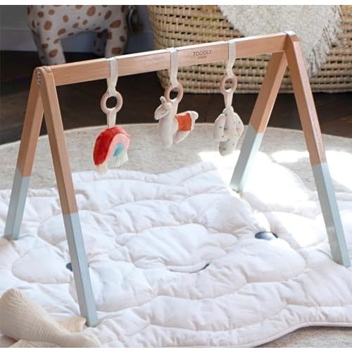 Playful Wooden Baby Play Gym - Wooden Play Mat for babies 0-6 months with 3 Plush Hanging Baby Toys - Baby Gym Play Mat - Natural Wooden Foldable Play Mat - Activity Mat for Babies 0-6 months
