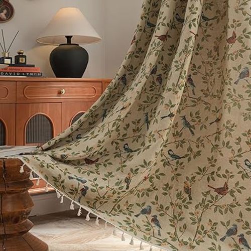 ENJOYBRIDAL Floral 84 Inches Curtains for Bedroom Jacquard Drapes Bird Patterned Semi Sheer Boho Living Room Window Curtains 2 Panels Farmhouse Rod Pocket Light Filtering Decorative Window Treatments