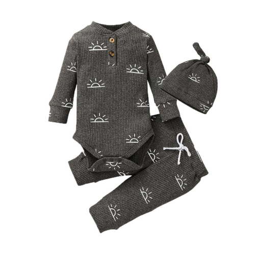 Newborn Infant Baby Boy Clothes Long Sleeve Romper Pants Headband Hat Outfits Set ( 0-3 Months, Grey)