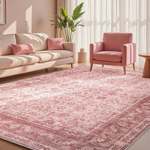 OPPODREAM Vintage Pink Area Rugs 8x10, 8 x 10 Retro Washable Rug Non Slip, Low-Pile Faux Wool Carpet, Soft Distressed Floor Mat for Living Room, Bedroom, Office, Dorm, Dinning Room, Big & Large