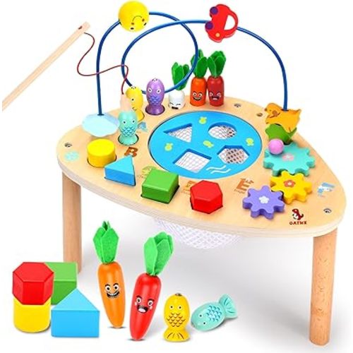 oathx Activity Table for 1+ Year Old, 6 in 1 Wooden Montessori Activity Center Play Table with Bead Maze Shape Sorter Fishing Game, Kids Sensory Educational Toddler Learning Toys 1st Birthday Gifts