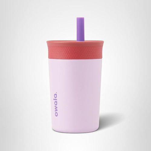 Owala Kids Insulation Stainless Steel Tumbler with Spill Resistant Flexible Straw, Easy to Clean, Kids Water Bottle, Great for Travel, Dishwasher Safe, 12 Oz, Pink and Purple (Lilac Rocket)