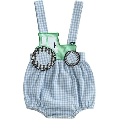 Newborn Baby Boy Girl Summer Outfit Farm Tractor Bubble Romper Plaid Sleeveless Bodysuit Overalls Country Clothes