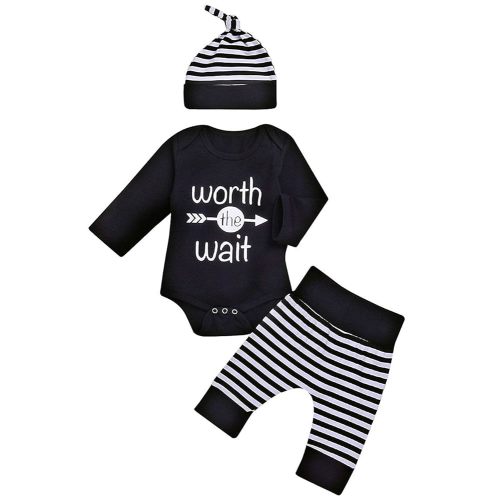 Baby Unisex Worth The Wait Arrow Printed Romper Striped Pant Hat Outfit Clothes (Black, Newborn)