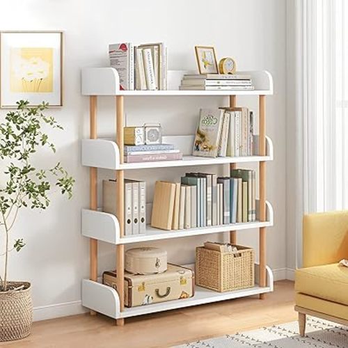 4-Tier Wooden Open Bookcase - Modern Display Bookshelf with Side Panels and Solid Wood Frame for Home and Office, Storage Cabinet, Warm White