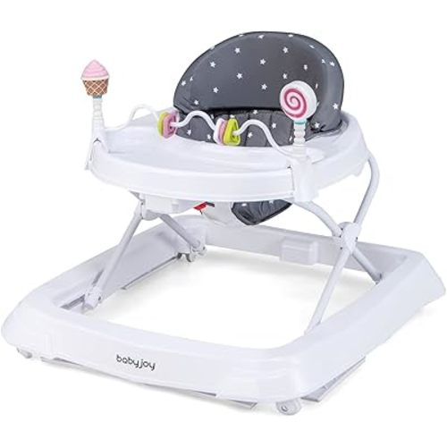 BABY JOY Baby Walker, Foldable Activity Walker Helper with Adjustable Height, Baby Activity Walker with High Back Padded Seat & Bear Toys (Gray, Star Pattern)