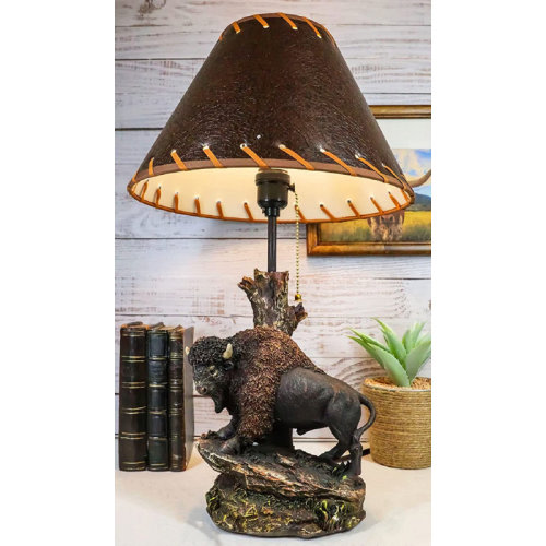 Union Rustic Country Western Wild Bison Buffalo Cattle Roaming Grassland Sloped Rocks By Tree Stump Desktop Table Lamp Figurine With Shade Rustic Wildlife Bisons Bulls Home Lighting Accent | Wayfair