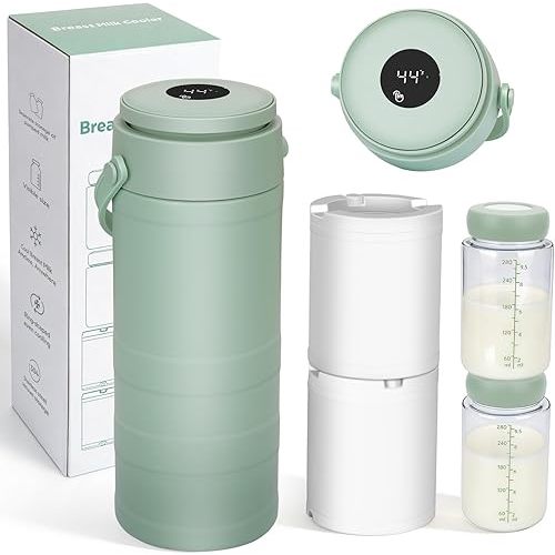 Portable Breast Milk Cooler for Outdoors & Work, 360° Total Cooling Keeps Milk Fresh for 24 Hours, 19oz Large Capacity Travel Breastmilk Chiller with Temp Display & 2pcs Bottle for Breastmilk Storage