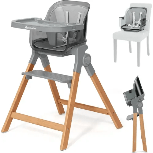 Ezebaby Folding Wooden High Chairs, 3-in-1 Convertible Baby High Chair, Dining Booster Seat, Toddler Chair, Easy Clean High Chairs for Babies and Toddlers with Large Adjustable Tray- Transparent Gray