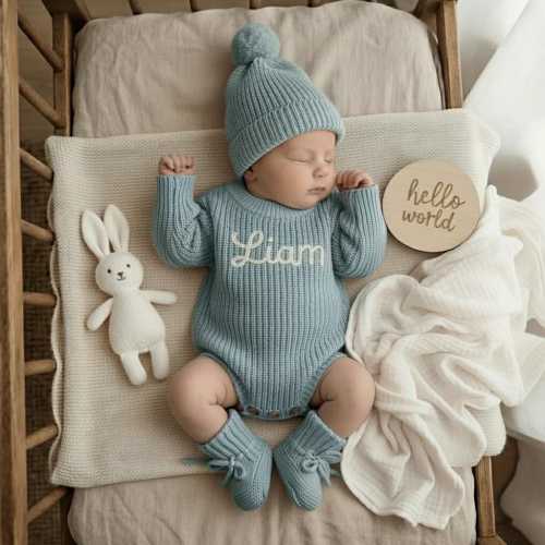 Personalized Outfit, Embroidered Name Baby Romper Set,, Baby Boy Girl Romper, Coming Home Outfit, Organic Cotton Knit,Gender Neutral
