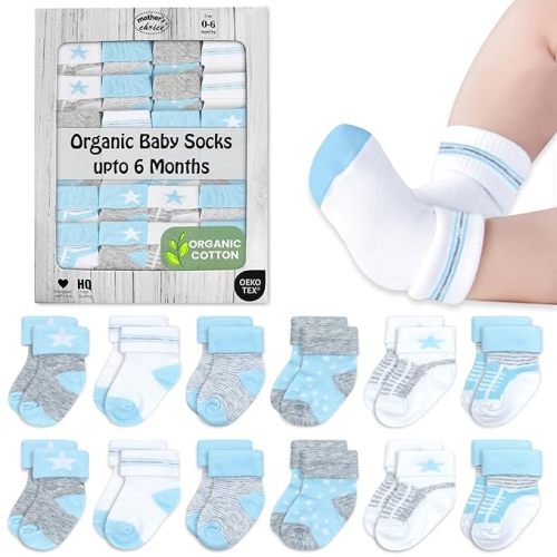 Mother's Choice Organic Cotton Baby Socks, 12 Pairs, Unisex 0-6 Months - Soft, Hypoallergenic Newborn & Infant Socks - Baby Girl & Boy Gifts, (12Pcs, Blue - Gray - White)
