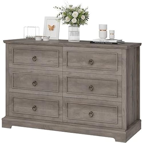 HOSTACK 6 Drawer Dresser for Bedroom, Modern Farmhouse Chest of Drawers, 47.2" Wide Wood Double Dresser, Rustic Brown Storage Cabinet for Living Room, Entryway, Hallway, Ash Grey