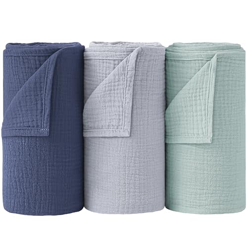 Bearmoss Muslin Swaddle Blankets, 40 x 38 inches Baby Swaddle for Boys and Girls, Soft Baby Blanket, 3 Pack Breathable Nursery Receiving Blankets (Blue Green)