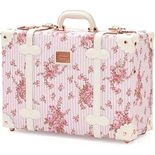 COTRUNKAGE Large 20" Carry On Suitcase Cute Pu Overnight Vintage Trunk Luggage Bag for Women with Combination Locks, Pink Floral