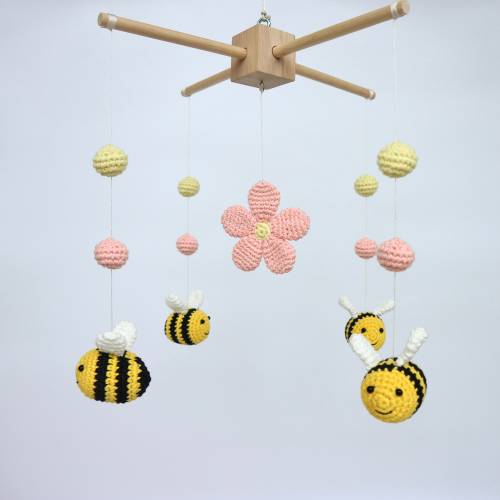 Mini Bee mobile ,Bees baby mobile Bumble bee and clouds mobile Crochet nursery mobile Honey bee Flying mobile Crib mobile Baby shower gift