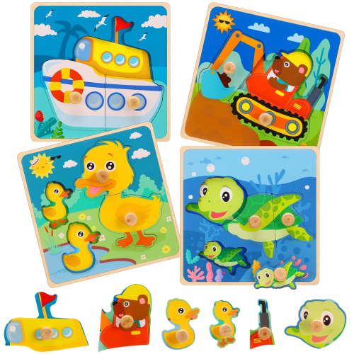 sixwipe 4 Pack Thick Wooden Peg Puzzles for Toddlers, 5.9 x 5.9 x 1 inch Preschool Educational Learning Wooden Puzzles Ages 1 4 - Sea Turtle, Yellow Duck, Excavator, Ship