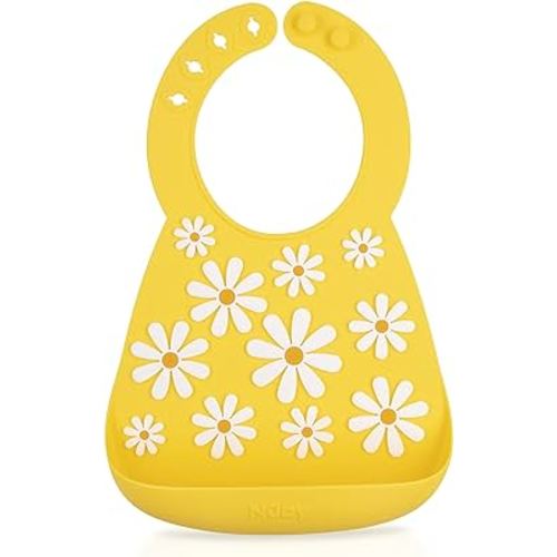 Nuby 3D Soft Silicone Baby Bib with Scoop - Silicone Bib for Toddlers and Babies 6+ Months - Yellow Daisy