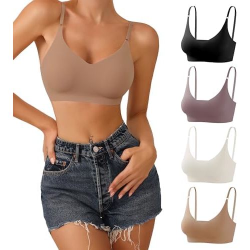DEANGELMON V Neck Bra Padded Seamless Adjustable Straps Bralettes Everyday Basic Sleeping Bras Multiple Pack