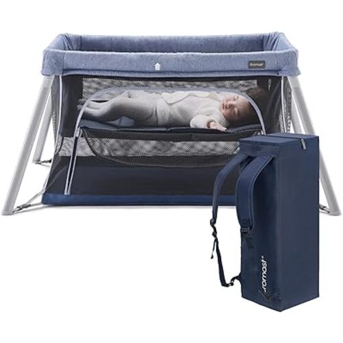 Travel Crib for Toddler, 2 in 1 Portable Crib for Baby Travel, Lightweight Playpen Foldable Playard with Soft Mattress, Easy to Carry Baby Travel Bed for Outdoor, Indoor (Blue)