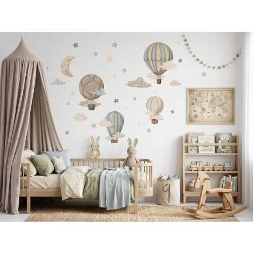 Retro Hot Air Balloon Wall Decals for Nursery, Vintage Sky Stickers for Kids Room