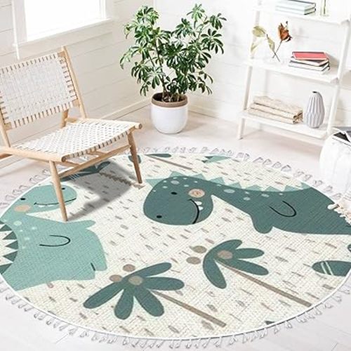 Round Rugs Dinosaur Baby boy Childish Sweet Dino Palm Scandinavian Cute Boho Area Rug Linen Cotton Carpet Meditation Rug Washable Hallway Runner Mat Accent Rug Bedroom Bathroom 4ft Multi
