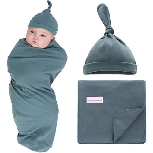 100% Cotton Knitted Baby Swaddle Blanket with Hat Set, 35"x35", Newborn Swaddle Wrap, Receiving Blankets, Burping Cloth & Stroller Cover, Perfect for Boys Girls (Dark Green)