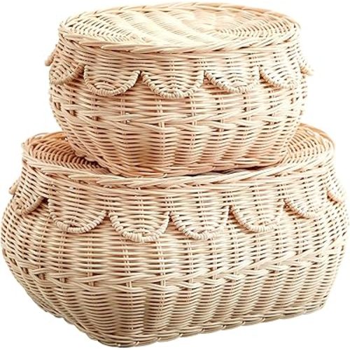 Small scalloped basket Set, Hand woven rattan basket with lid, scallop tray, Storage wicker baskets for gifts, diaper organizer baskets, 14.5x10x6 in(Natural)