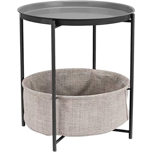Amazon Basics Round Storage End Table, Side Table with Cloth Basket, Charcoal/Heather Gray, 17.7 x 17.7 x 18.9 in