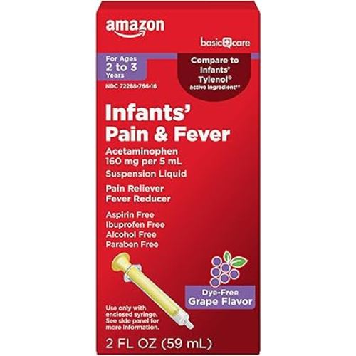 Amazon Basic Care Infants' Pain & Fever, Acetaminophen 160 mg per 5 mL, Suspension Liquid, Dye-Free Grape Flavor, 2 fl oz (Pack of 1)