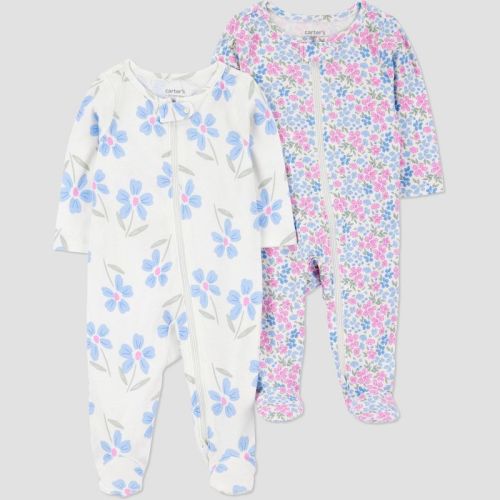Carter's Just One You®️ Baby Girls' 2pk Floral Sleep N' Play - Peach/ivory Newborn: Cotton, Lightweight, Snug Fit, Two-way Zipper
