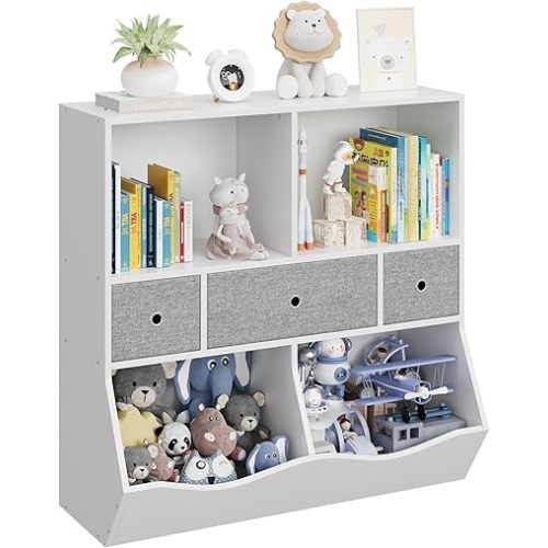 IDEALHOUSE Kids Bookshelf and Toy Storage Organizer with 3 Movable Drawers, Floor Storage Cabinet Toy Chest with 4 Cubbies, Multifunctional Storage Chest for Nursery, Playroom and Bedroom, White