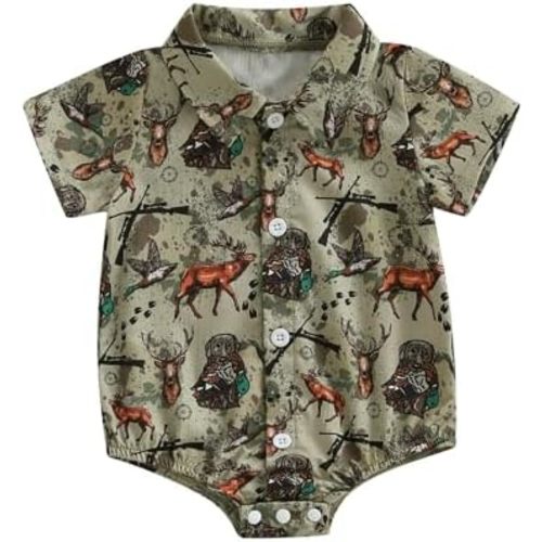 Baby Boy Hunting Outfit Duck/Camo Print Dress Shirt Bodysuit Lapel Button Summer Short Sleeve Romper Top